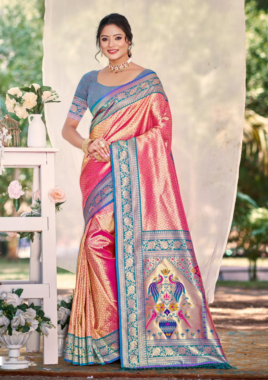 Sangam Prints Multi Color Kanjivaram Silk Woven Work Traditional Saree | Grocsy