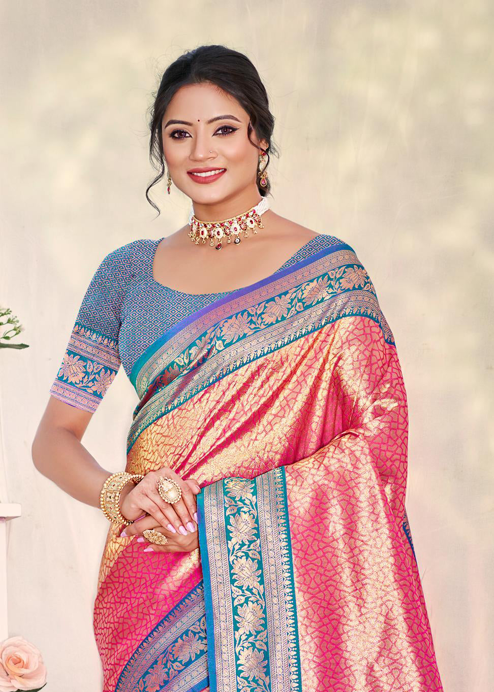 Sangam Prints Multi Color Kanjivaram Silk Woven Work Traditional Saree | Grocsy