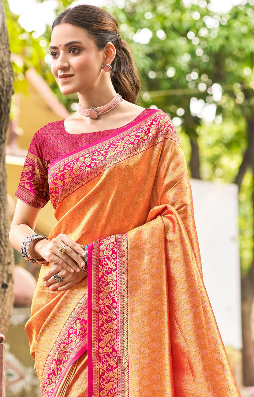 Sangam Prints Multi Color Kanjivaram Silk Woven Work Traditional Saree | Grocsy