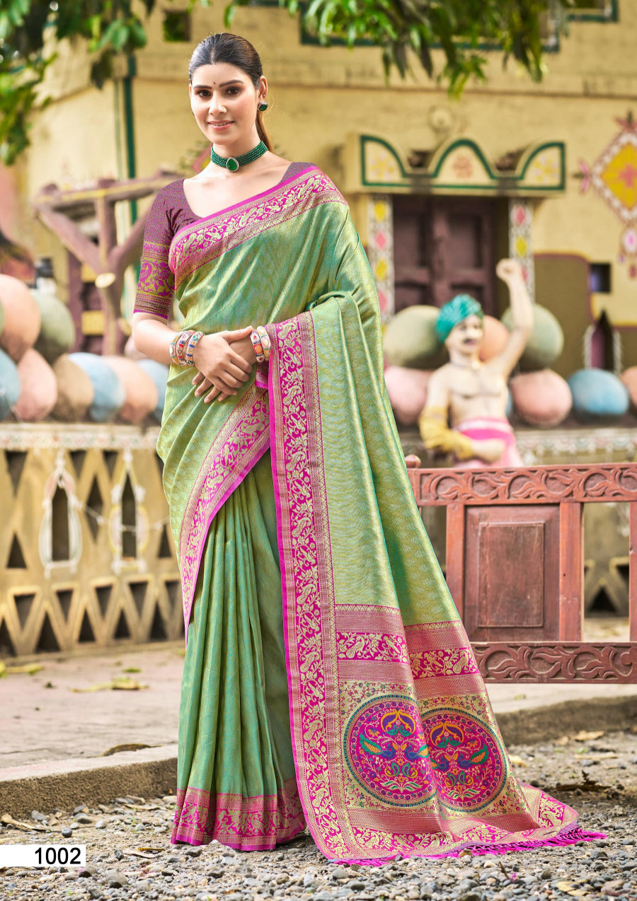 Sangam Prints Multi Color Kanjivaram Silk Woven Work Traditional Saree | Grocsy