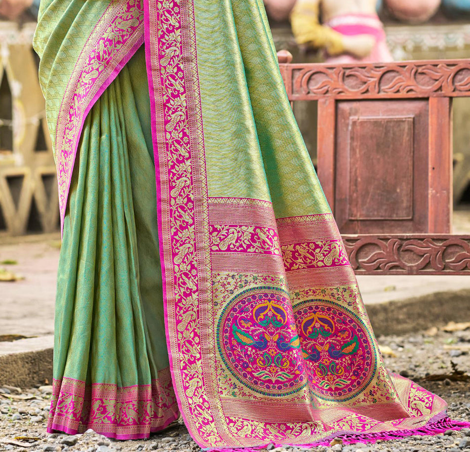 Sangam Prints Multi Color Kanjivaram Silk Woven Work Traditional Saree | Grocsy