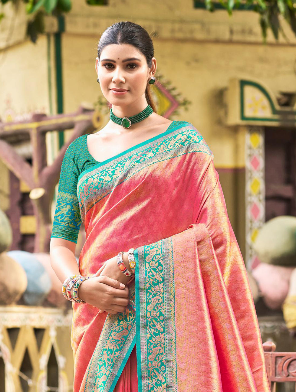 Sangam Prints Multi Color Kanjivaram Silk Woven Work Traditional Saree | Grocsy