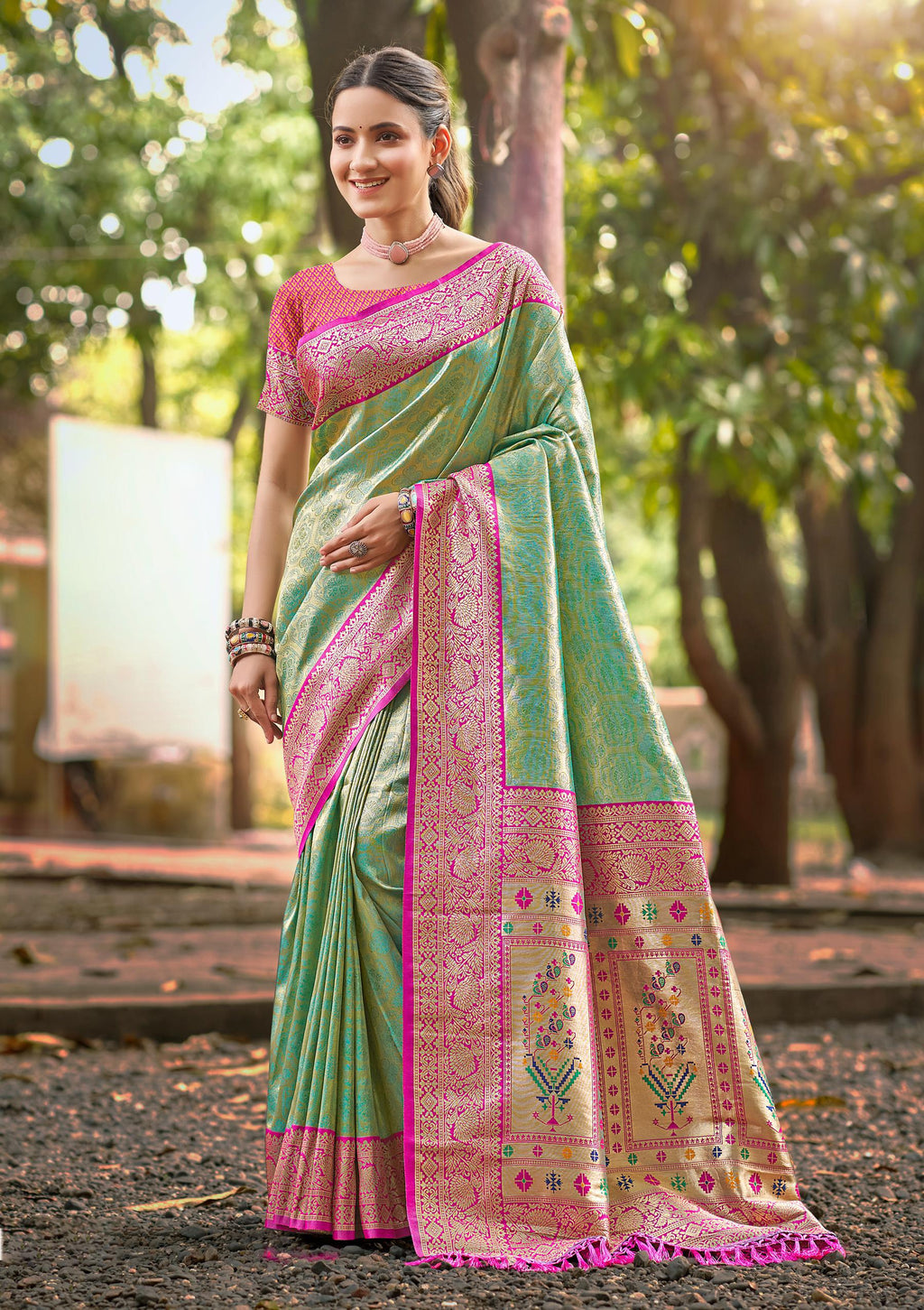 Sangam Prints Multi Color Kanjivaram Silk Woven Work Traditional Saree | Grocsy