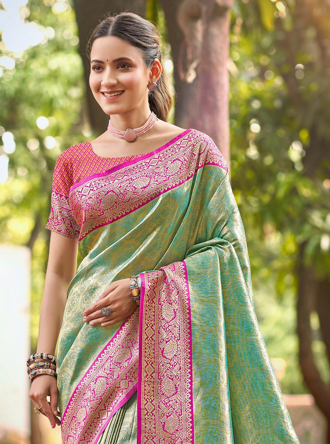 Sangam Prints Multi Color Kanjivaram Silk Woven Work Traditional Saree | Grocsy