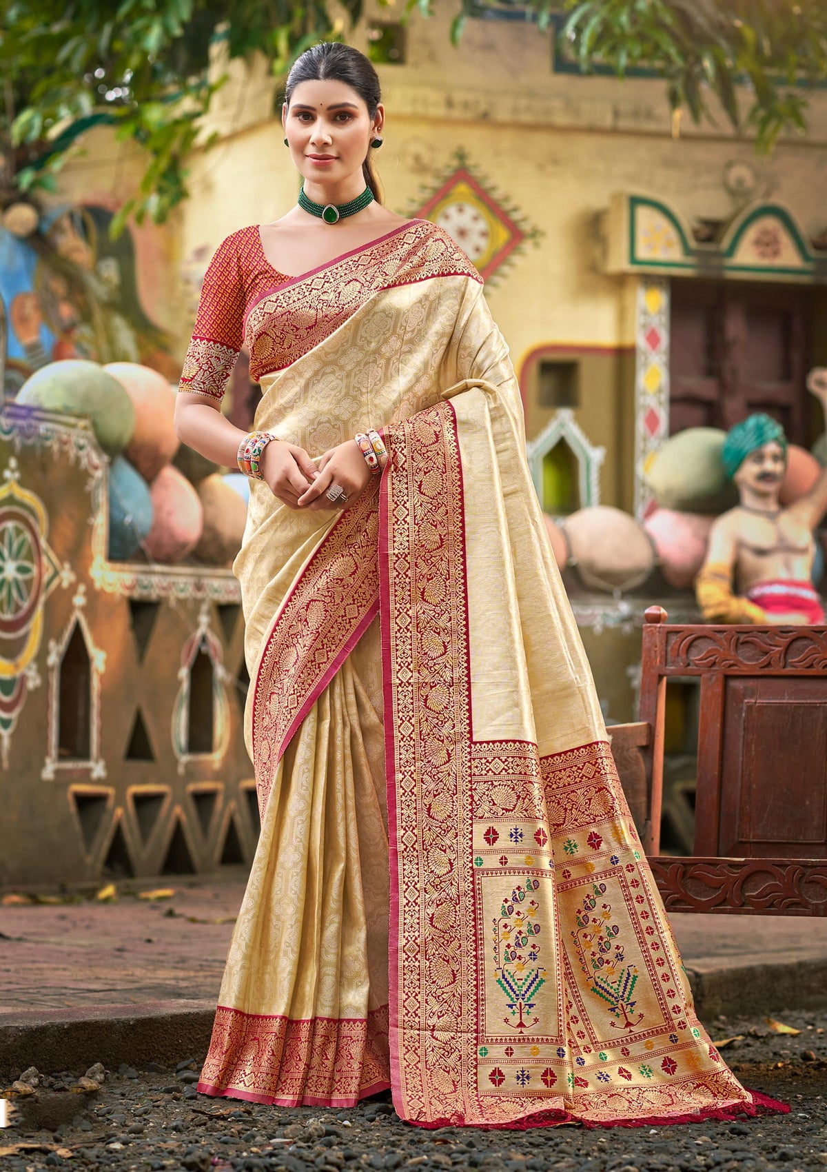 Sangam Prints Multi Color Kanjivaram Silk Woven Work Traditional Saree | Grocsy