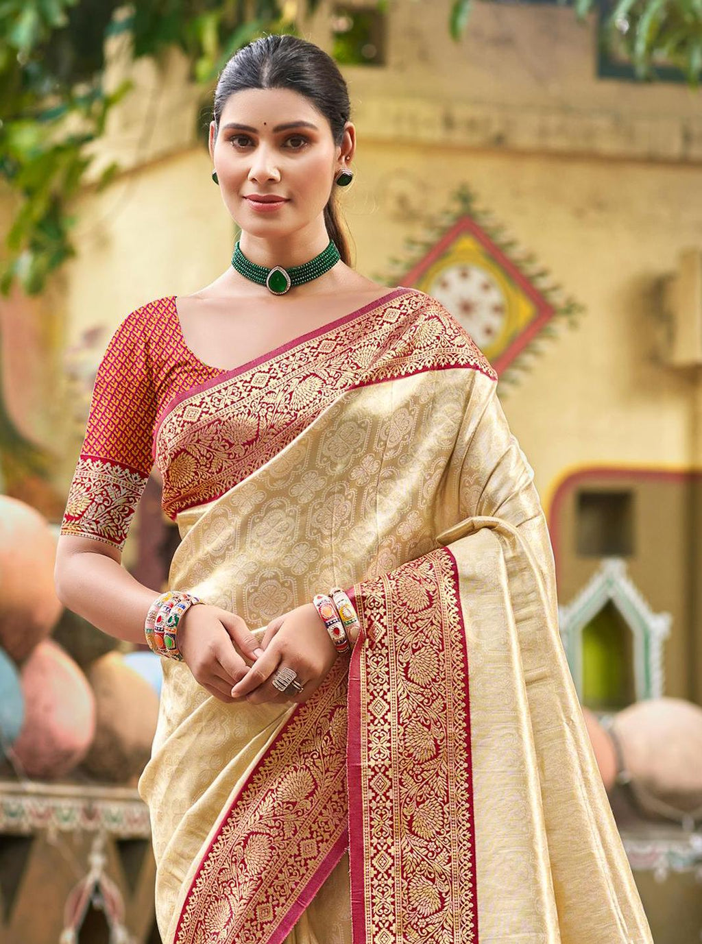 Sangam Prints Multi Color Kanjivaram Silk Woven Work Traditional Saree | Grocsy