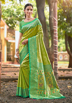 Sangam Prints Multi Color Kanjivaram Silk Woven Work Traditional Saree | Grocsy