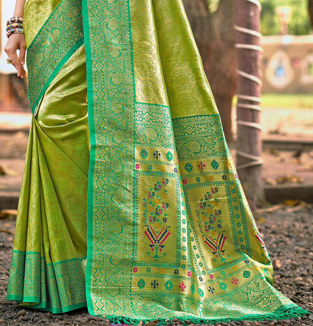Sangam Prints Multi Color Kanjivaram Silk Woven Work Traditional Saree | Grocsy