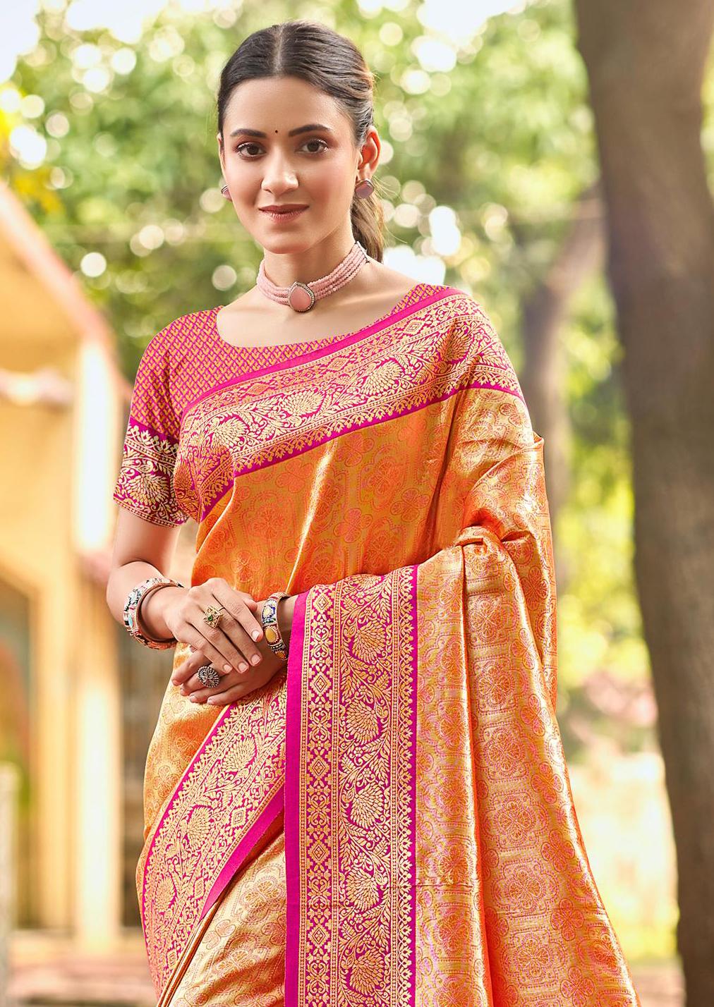 Sangam Prints Multi Color Kanjivaram Silk Woven Work Traditional Saree | Grocsy