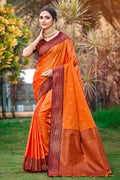 Sangam Prints Saffron Orange Soft Silk Woven Work Traditional Saree | Grocsy