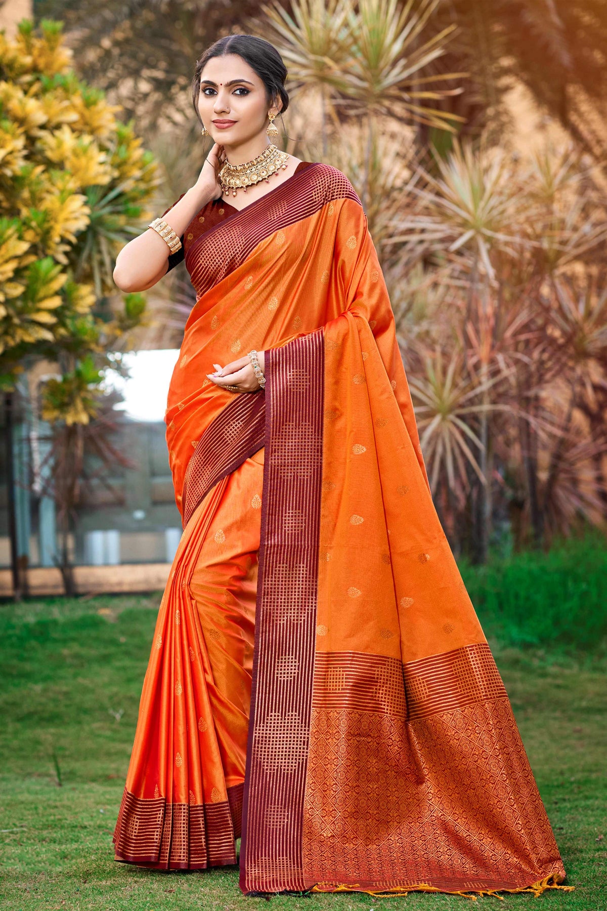 Sangam Prints Saffron Orange Soft Silk Woven Work Traditional Saree | Grocsy