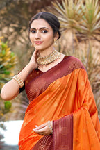 Sangam Prints Saffron Orange Soft Silk Woven Work Traditional Saree | Grocsy
