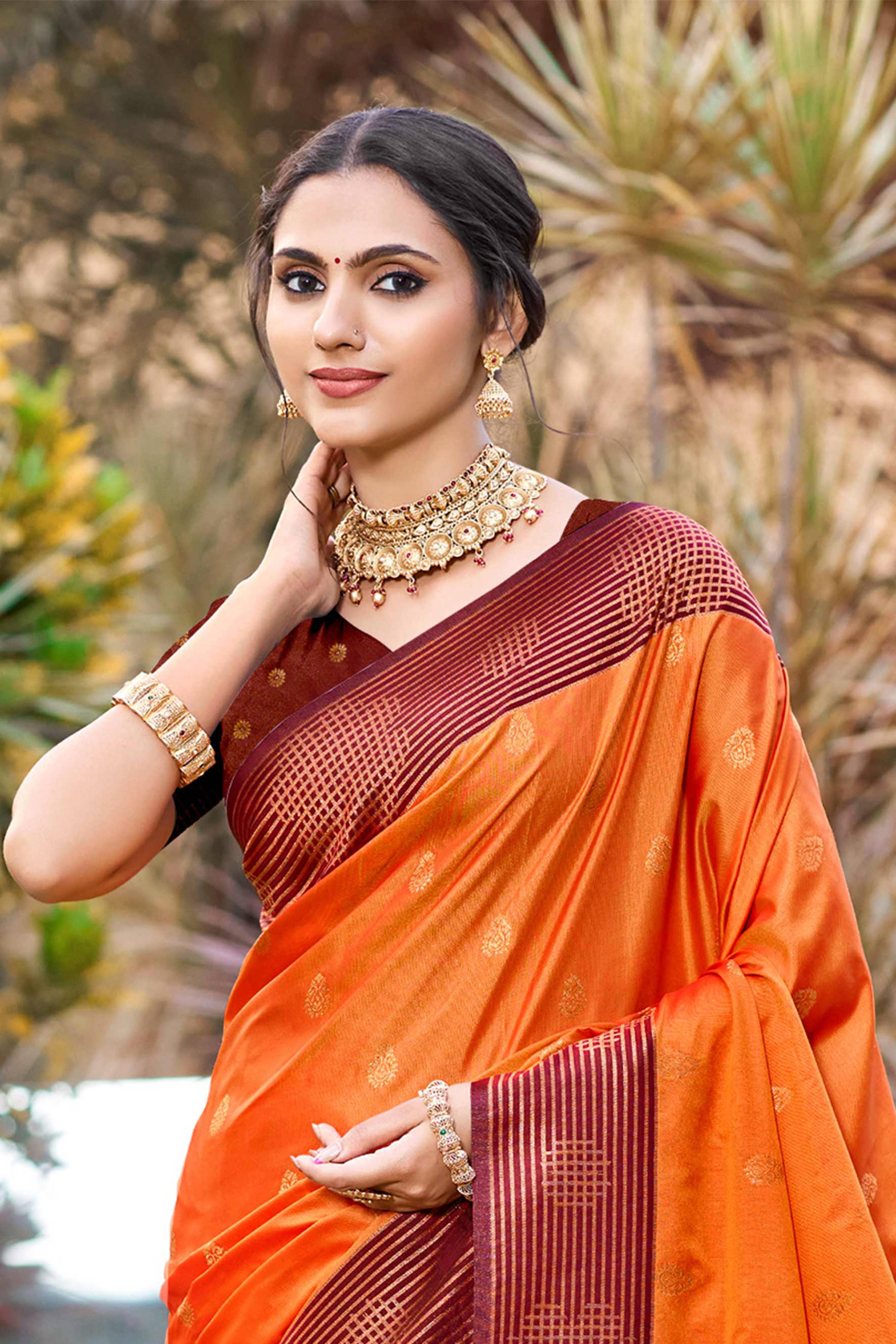 Sangam Prints Saffron Orange Soft Silk Woven Work Traditional Saree | Grocsy