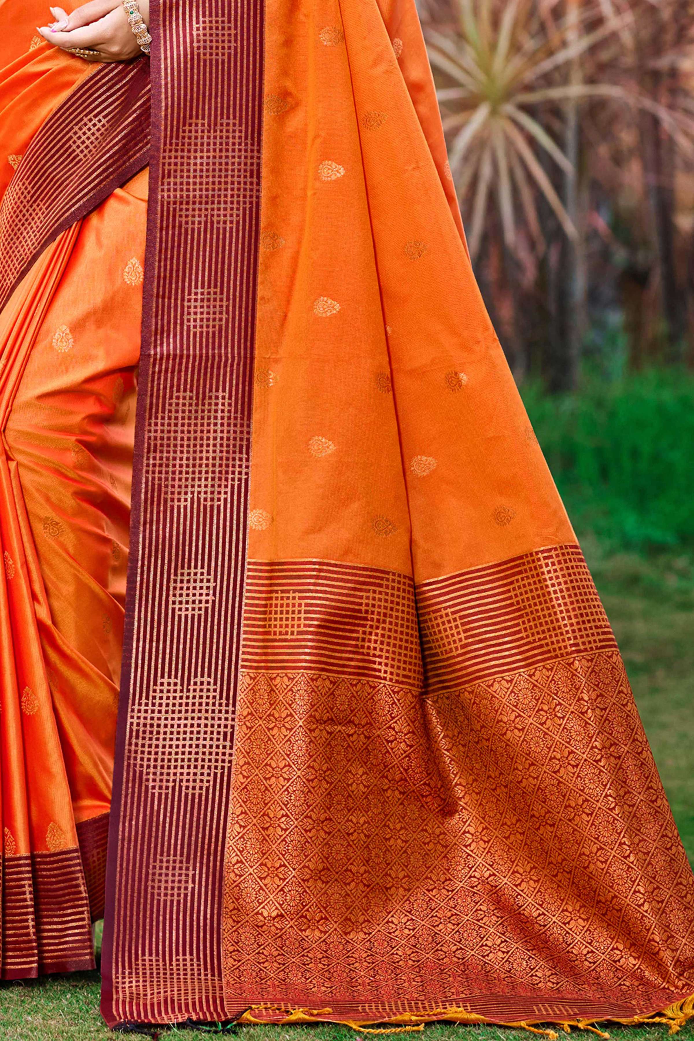 Sangam Prints Saffron Orange Soft Silk Woven Work Traditional Saree | Grocsy