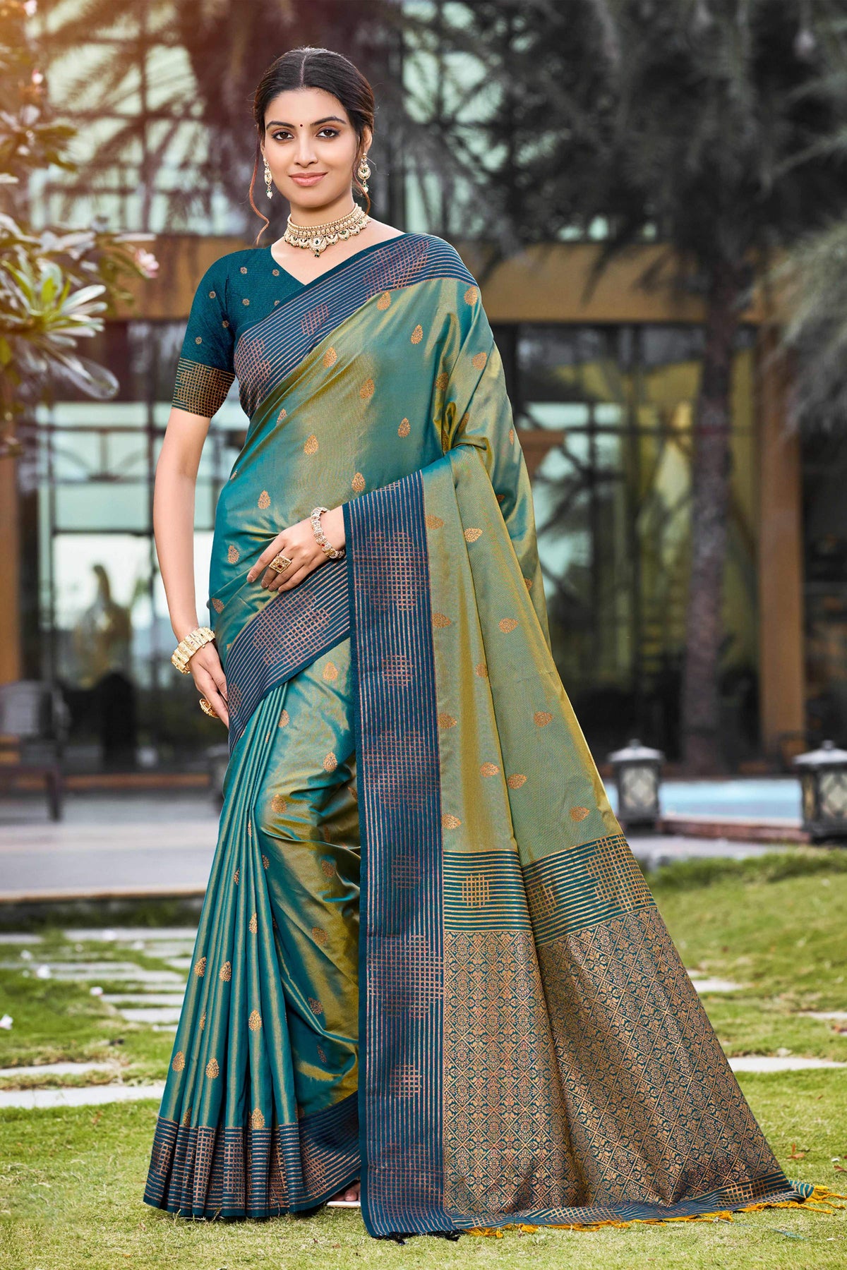 Sangam Prints Peacock Green Soft Silk Woven Work Traditional Saree | Grocsy