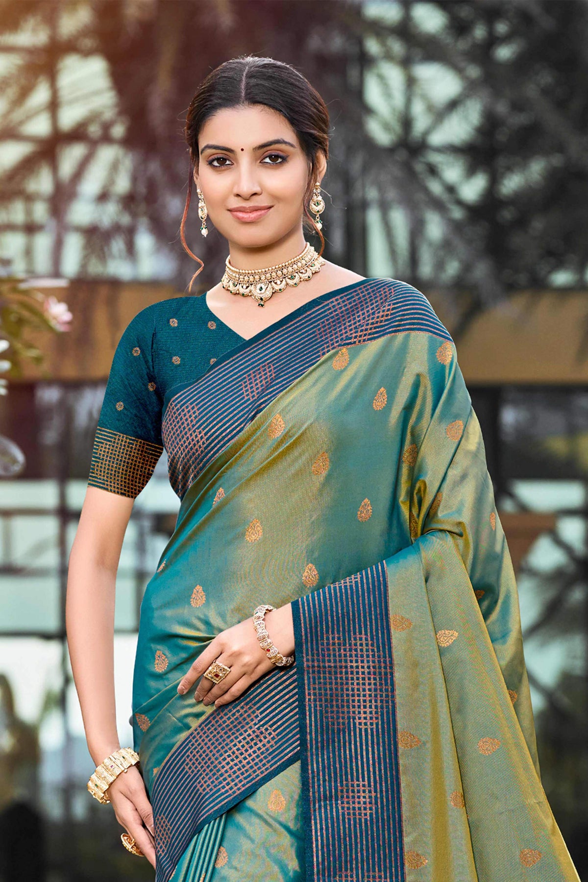 Sangam Prints Peacock Green Soft Silk Woven Work Traditional Saree | Grocsy