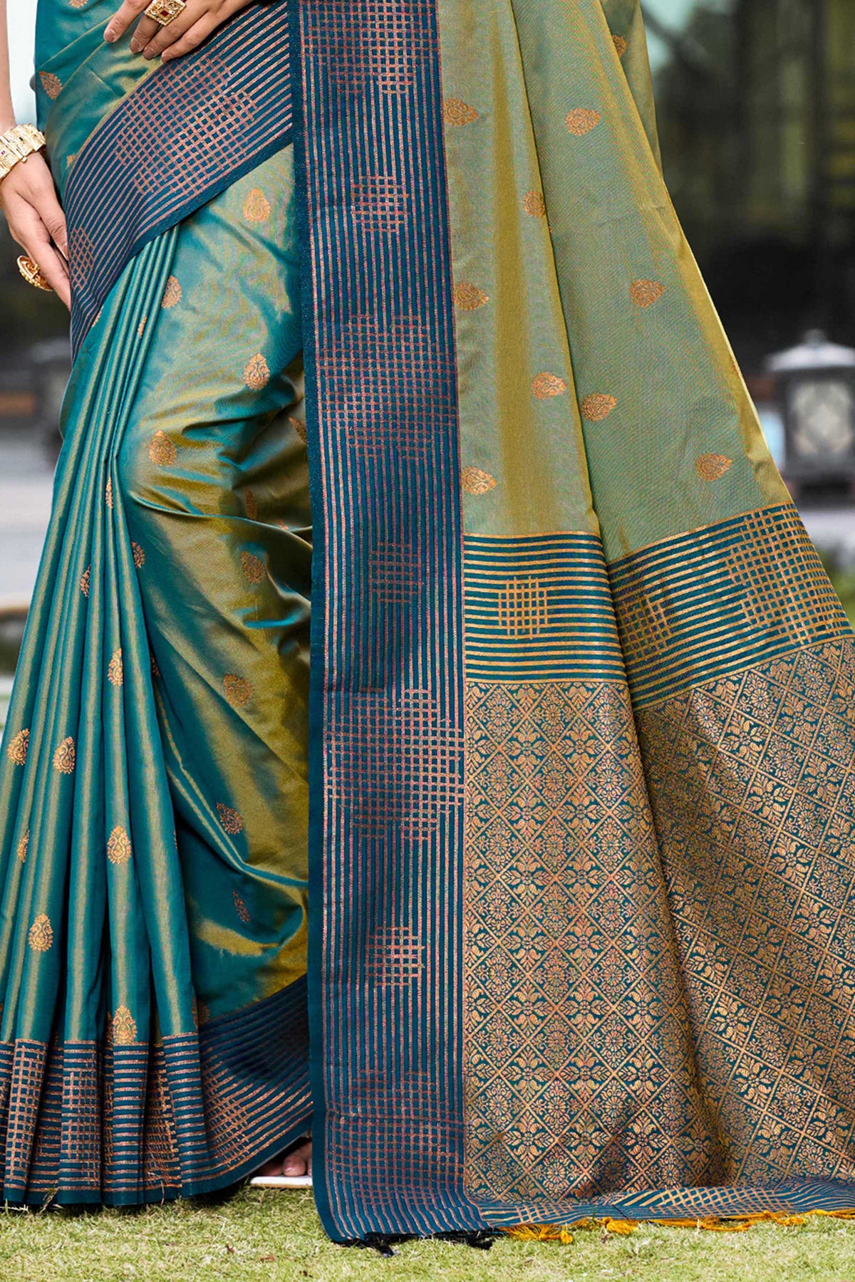 Sangam Prints Peacock Green Soft Silk Woven Work Traditional Saree | Grocsy