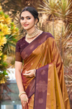 Sangam Prints Golden Brown Soft Silk Woven Work Traditional Saree | Grocsy