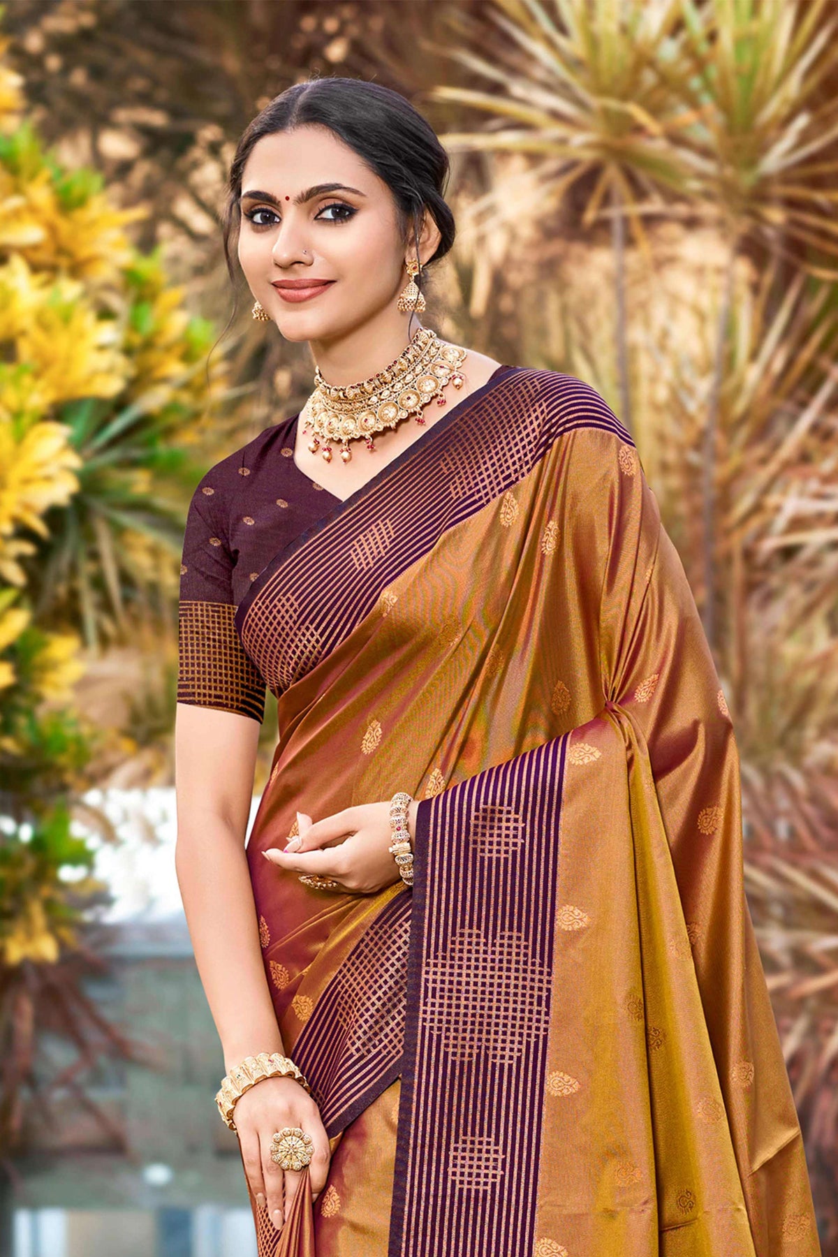 Sangam Prints Golden Brown Soft Silk Woven Work Traditional Saree | Grocsy
