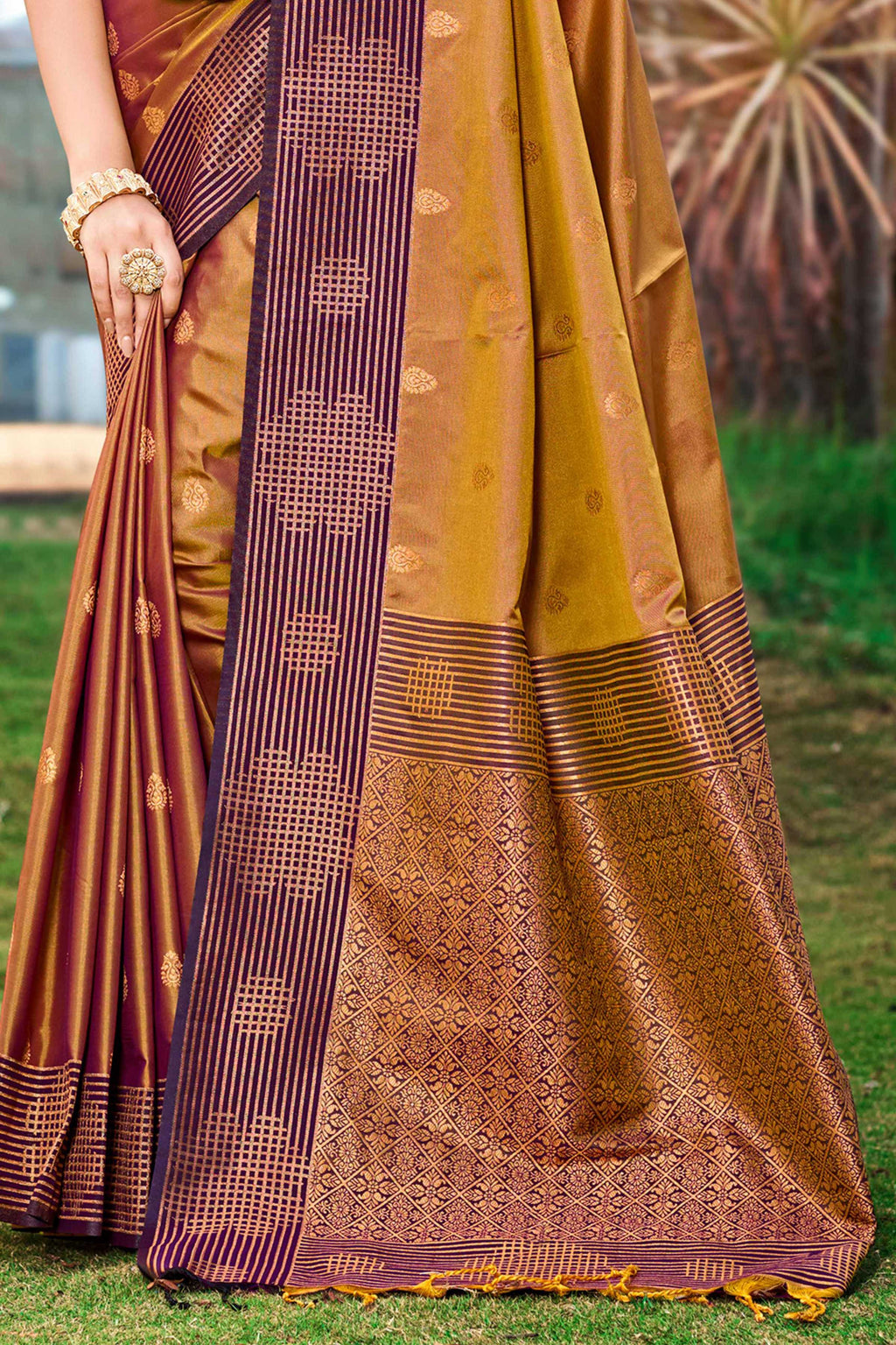 Sangam Prints Golden Brown Soft Silk Woven Work Traditional Saree | Grocsy