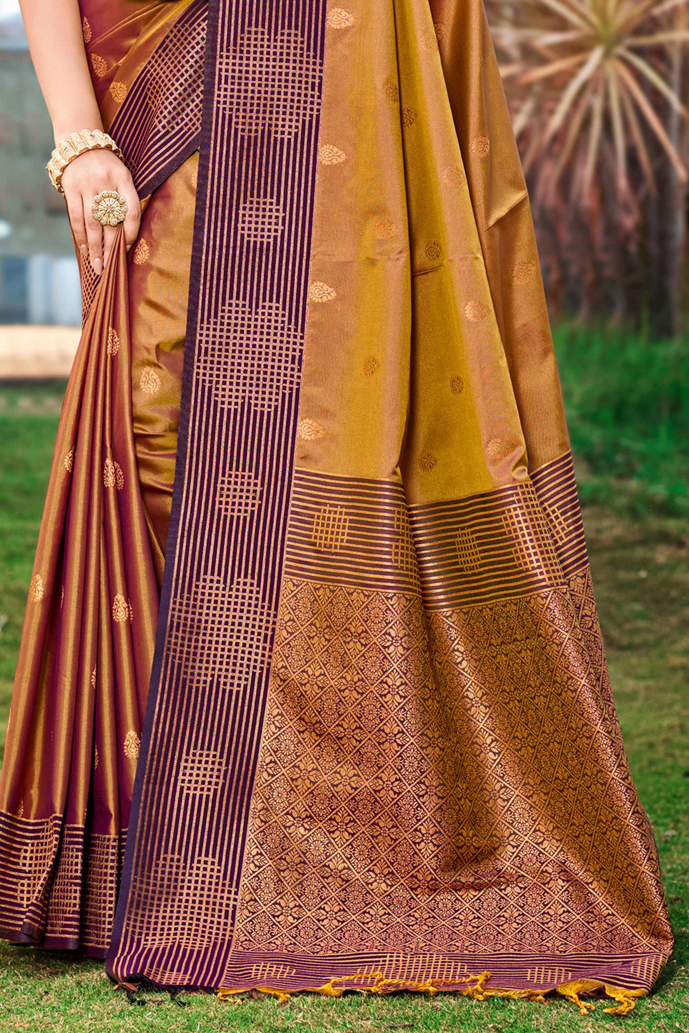 Sangam Prints Golden Brown Soft Silk Woven Work Traditional Saree | Grocsy
