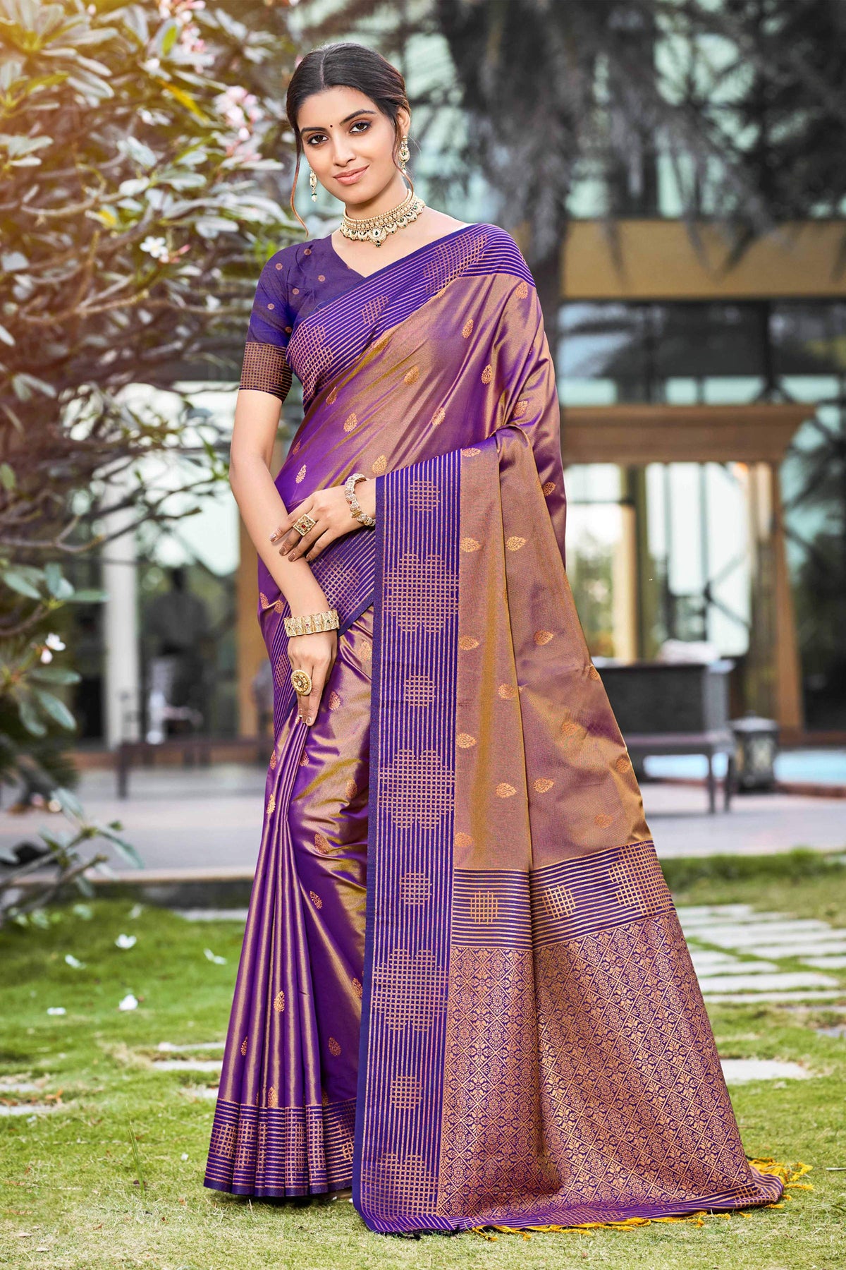 Sangam Prints Copper Gold Soft Silk Woven Work Traditional Saree | Grocsy