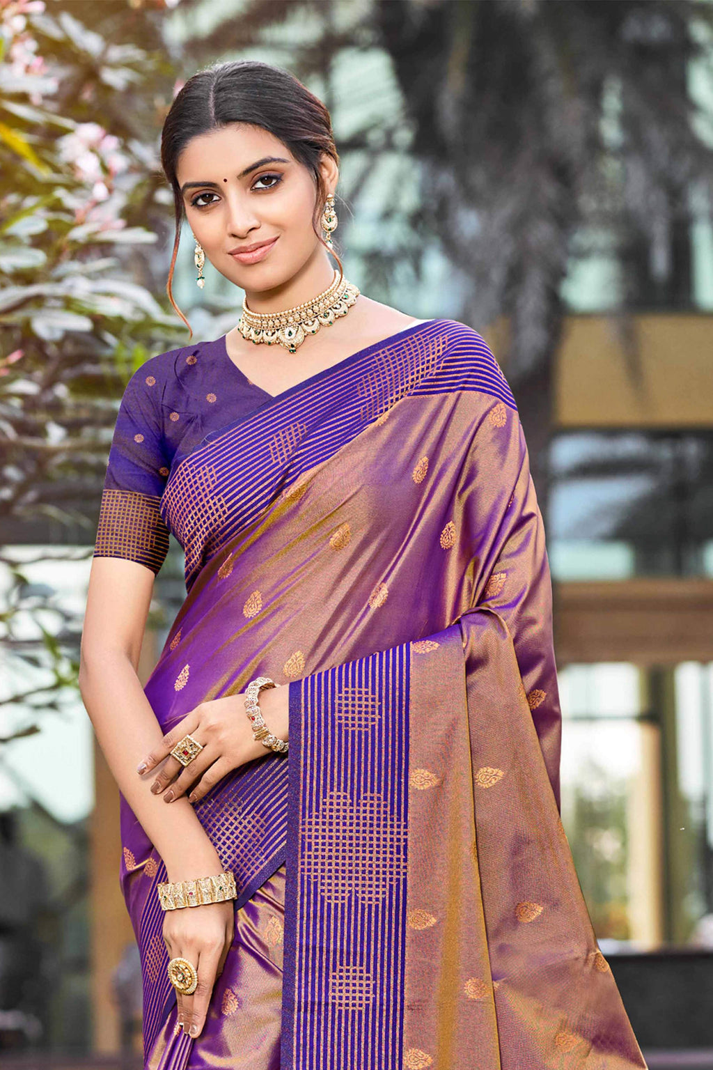Sangam Prints Copper Gold Soft Silk Woven Work Traditional Saree | Grocsy