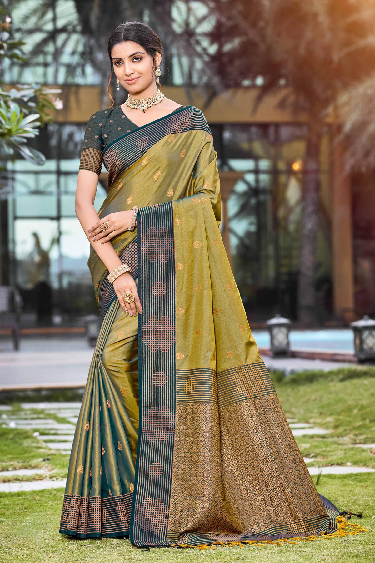 Sangam Prints Olive Green Soft Silk Woven Work Traditional Saree | Grocsy
