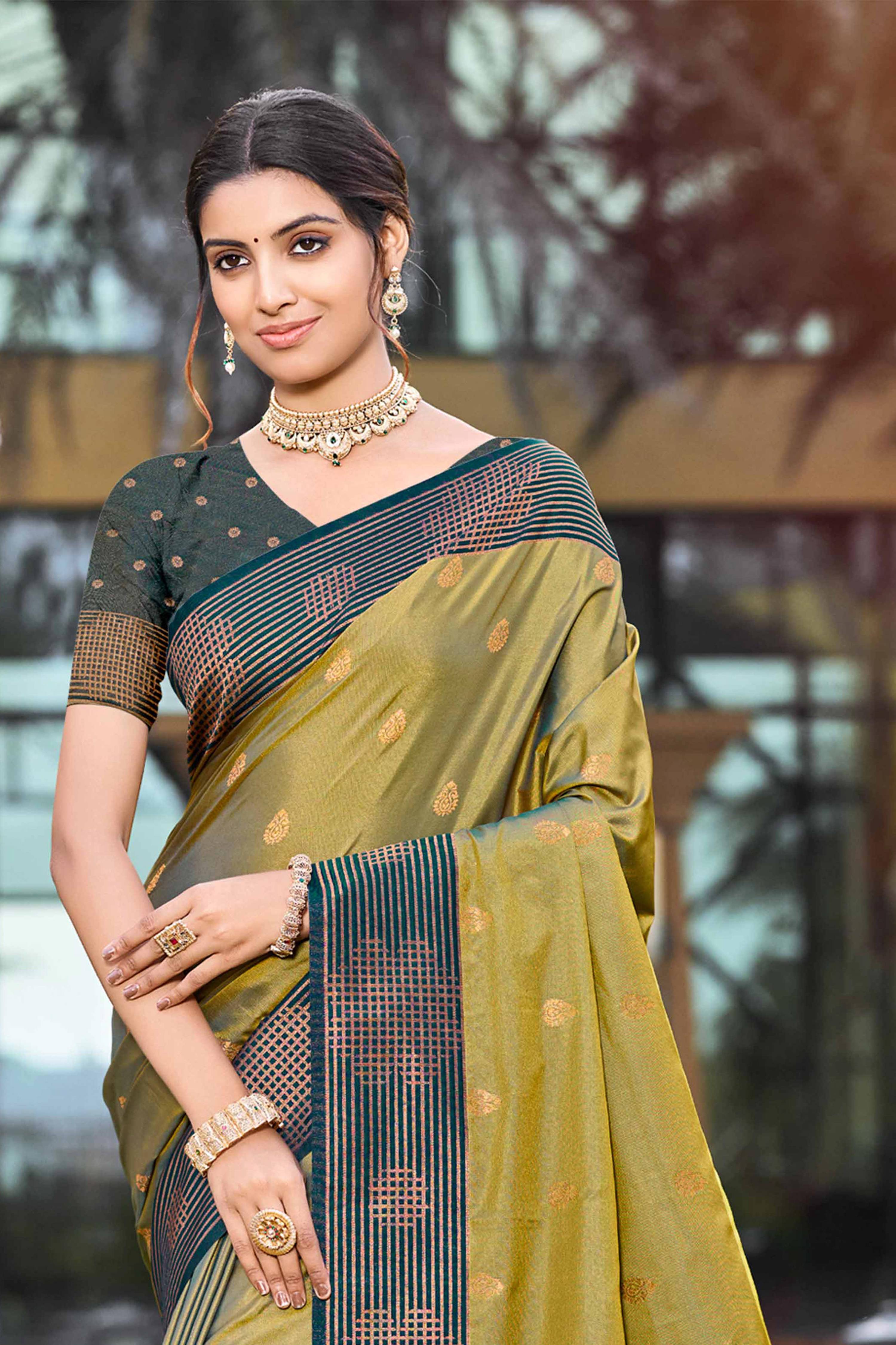 Sangam Prints Olive Green Soft Silk Woven Work Traditional Saree | Grocsy