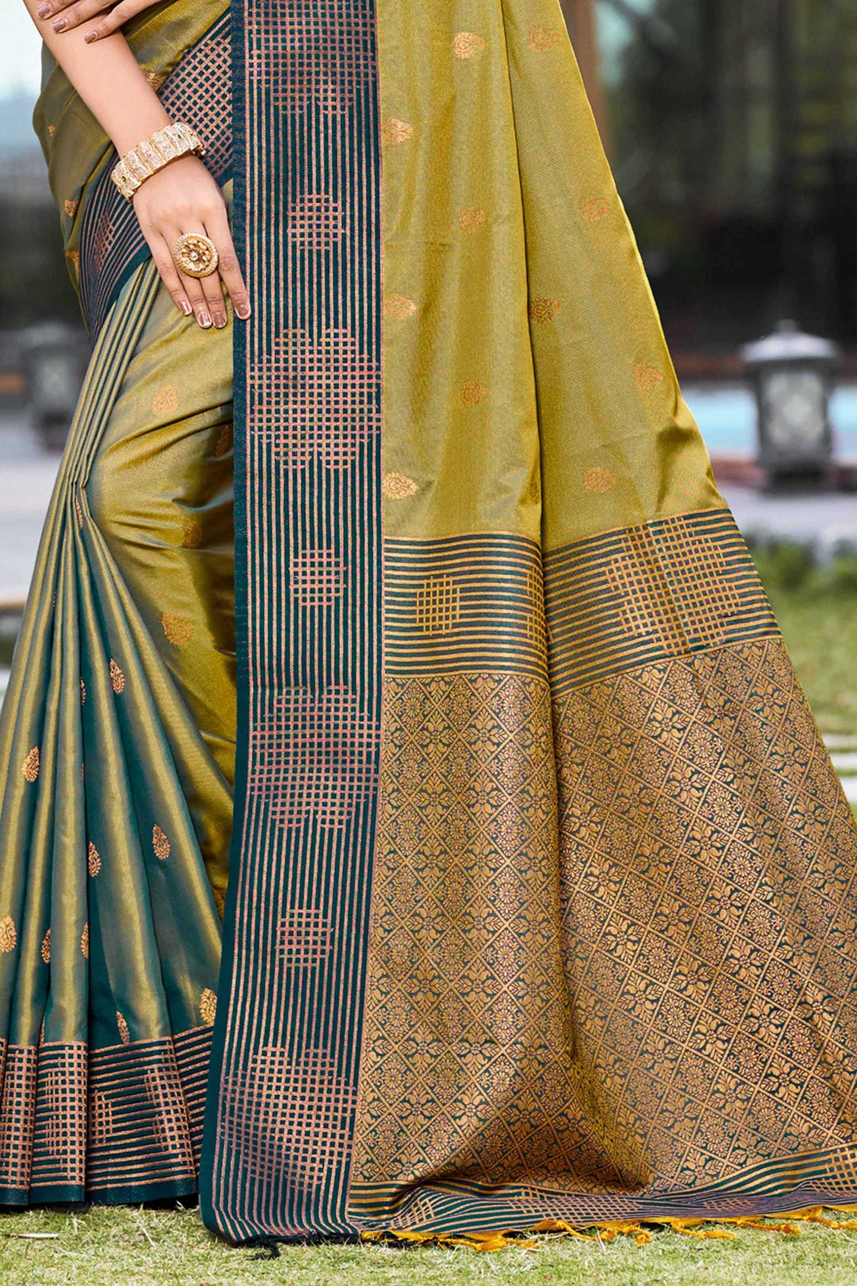 Sangam Prints Olive Green Soft Silk Woven Work Traditional Saree | Grocsy
