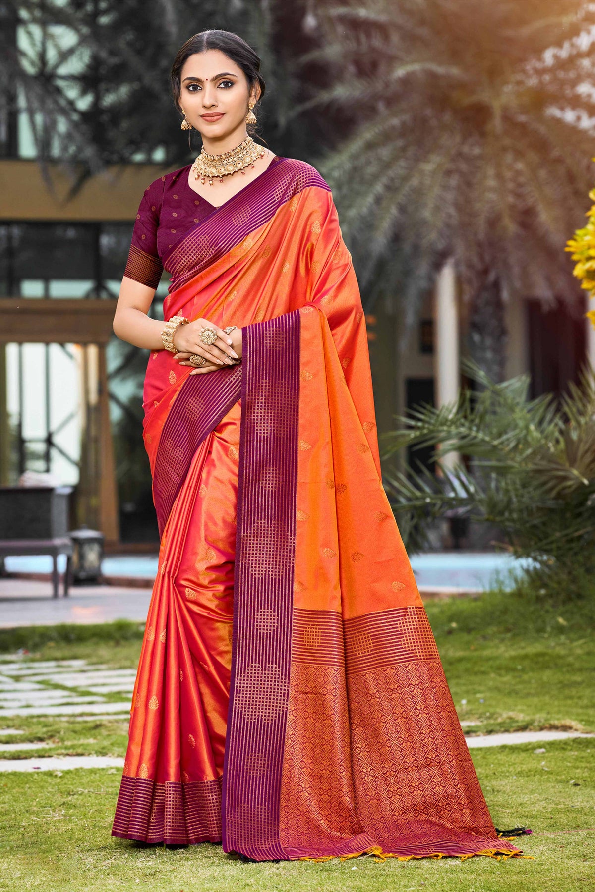 Sangam Prints Bright Orange Soft Silk Woven Work Traditional Saree | Grocsy