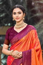 Sangam Prints Bright Orange Soft Silk Woven Work Traditional Saree | Grocsy