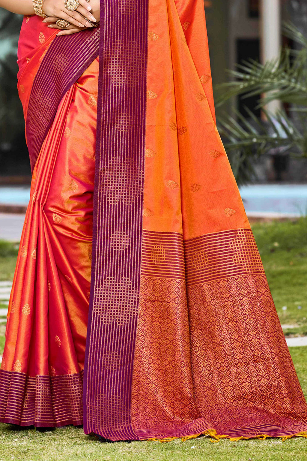 Sangam Prints Bright Orange Soft Silk Woven Work Traditional Saree | Grocsy