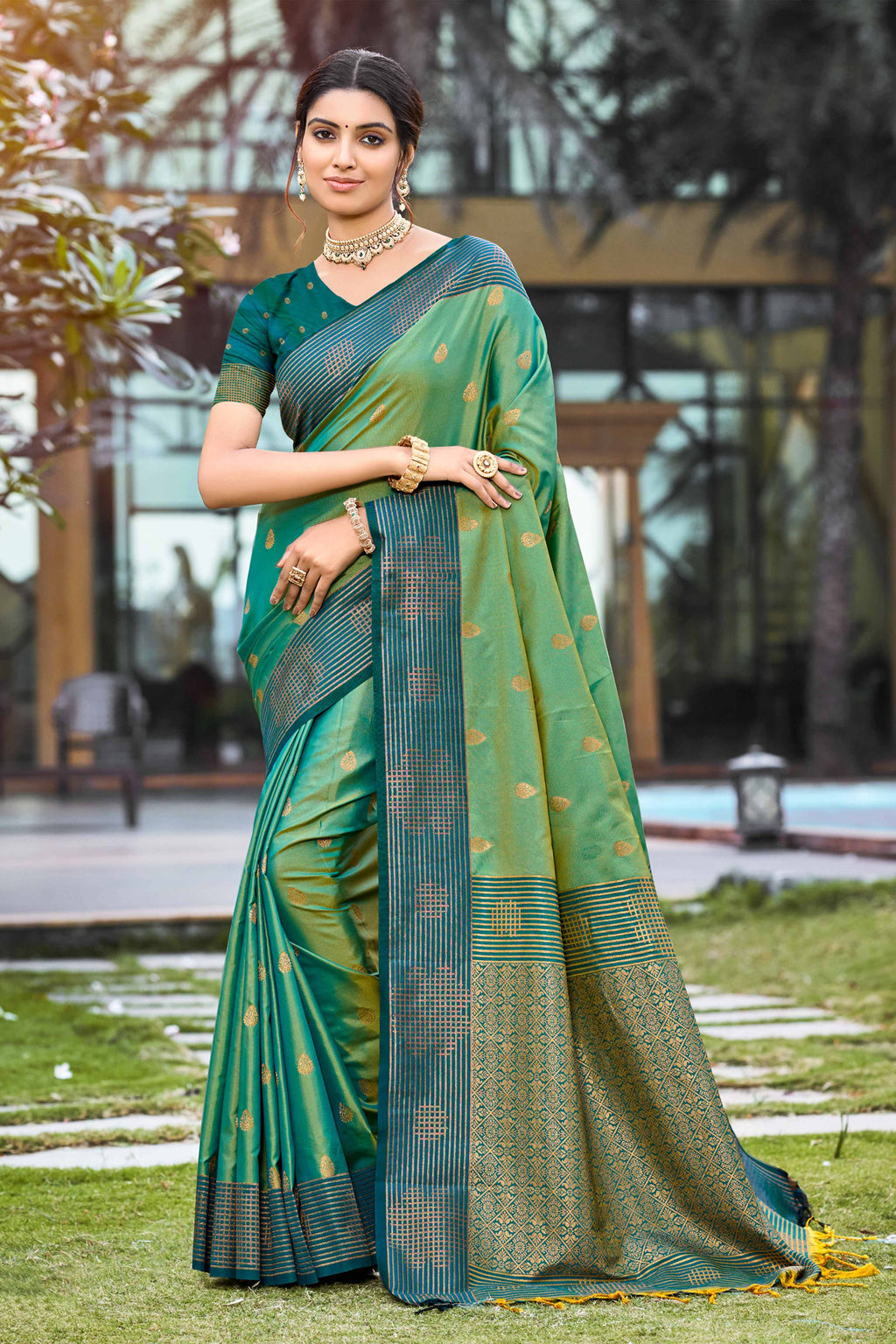Sangam Prints Mehendi Green Soft Silk Woven Work Traditional Saree | Grocsy