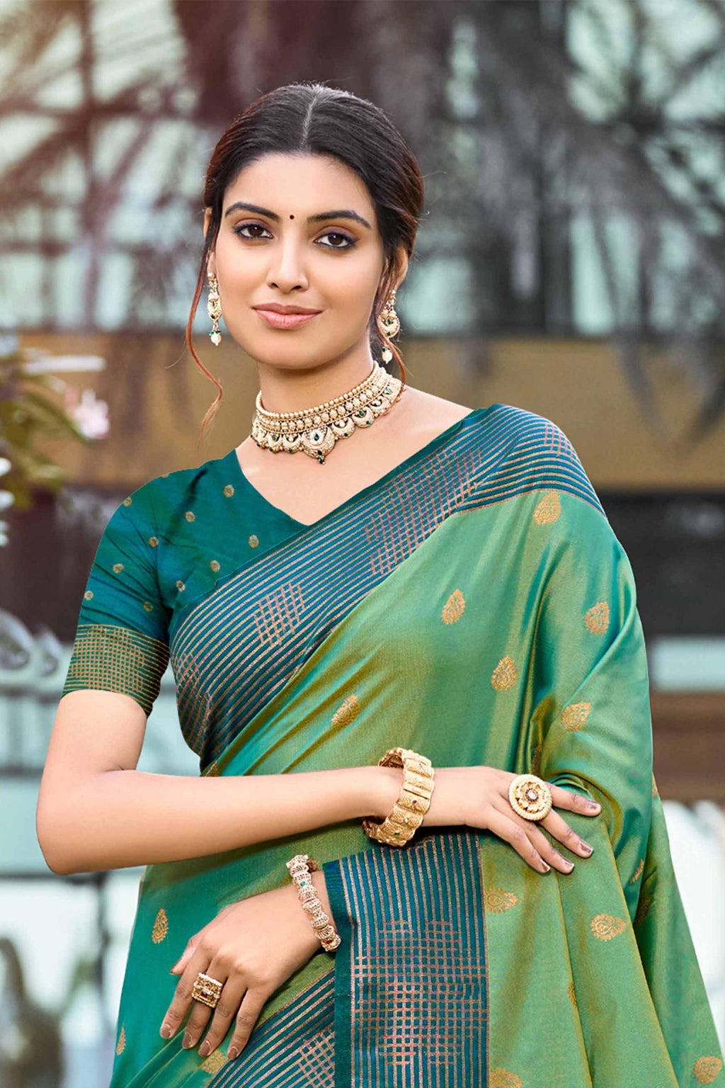 Sangam Prints Mehendi Green Soft Silk Woven Work Traditional Saree | Grocsy