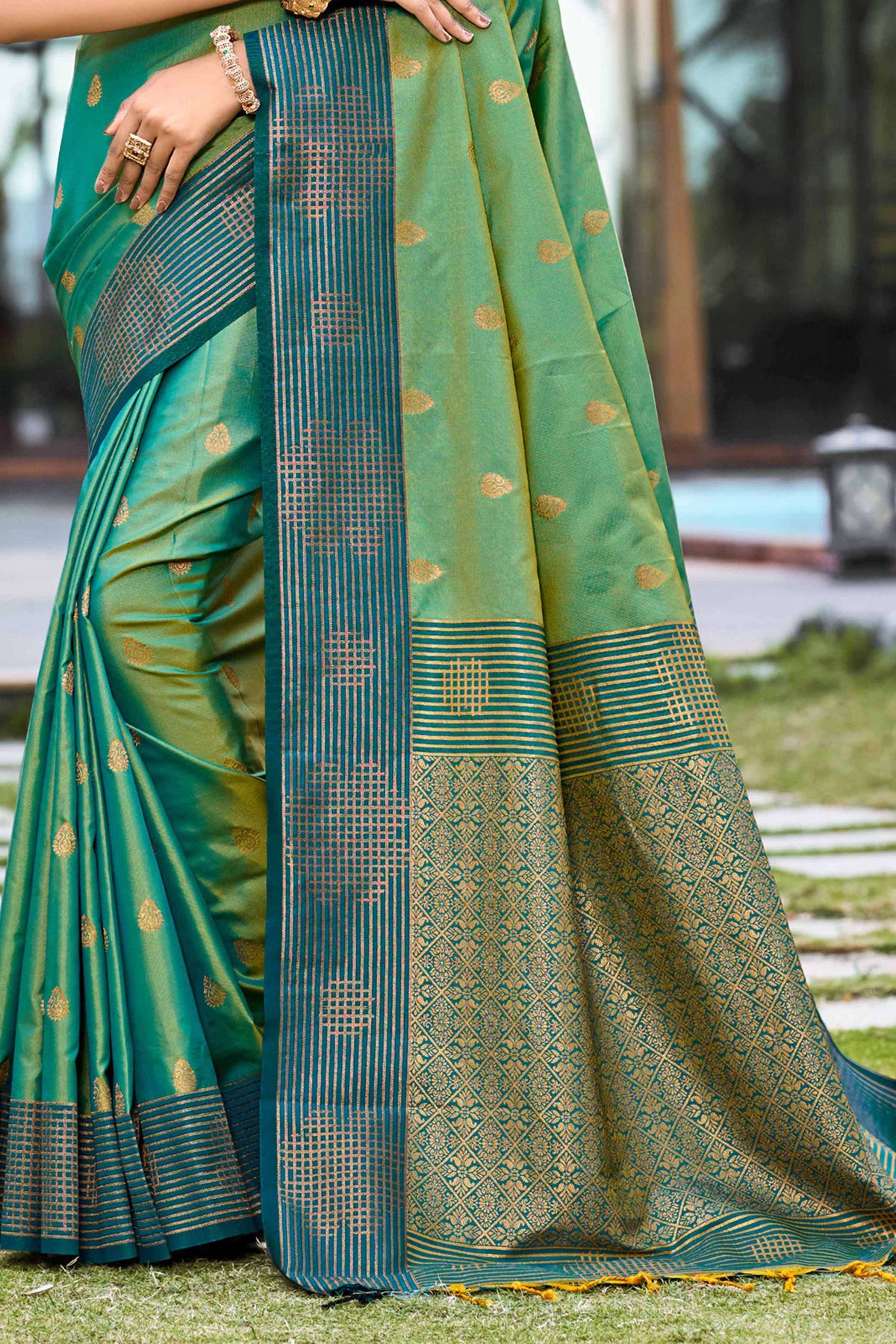 Sangam Prints Mehendi Green Soft Silk Woven Work Traditional Saree | Grocsy