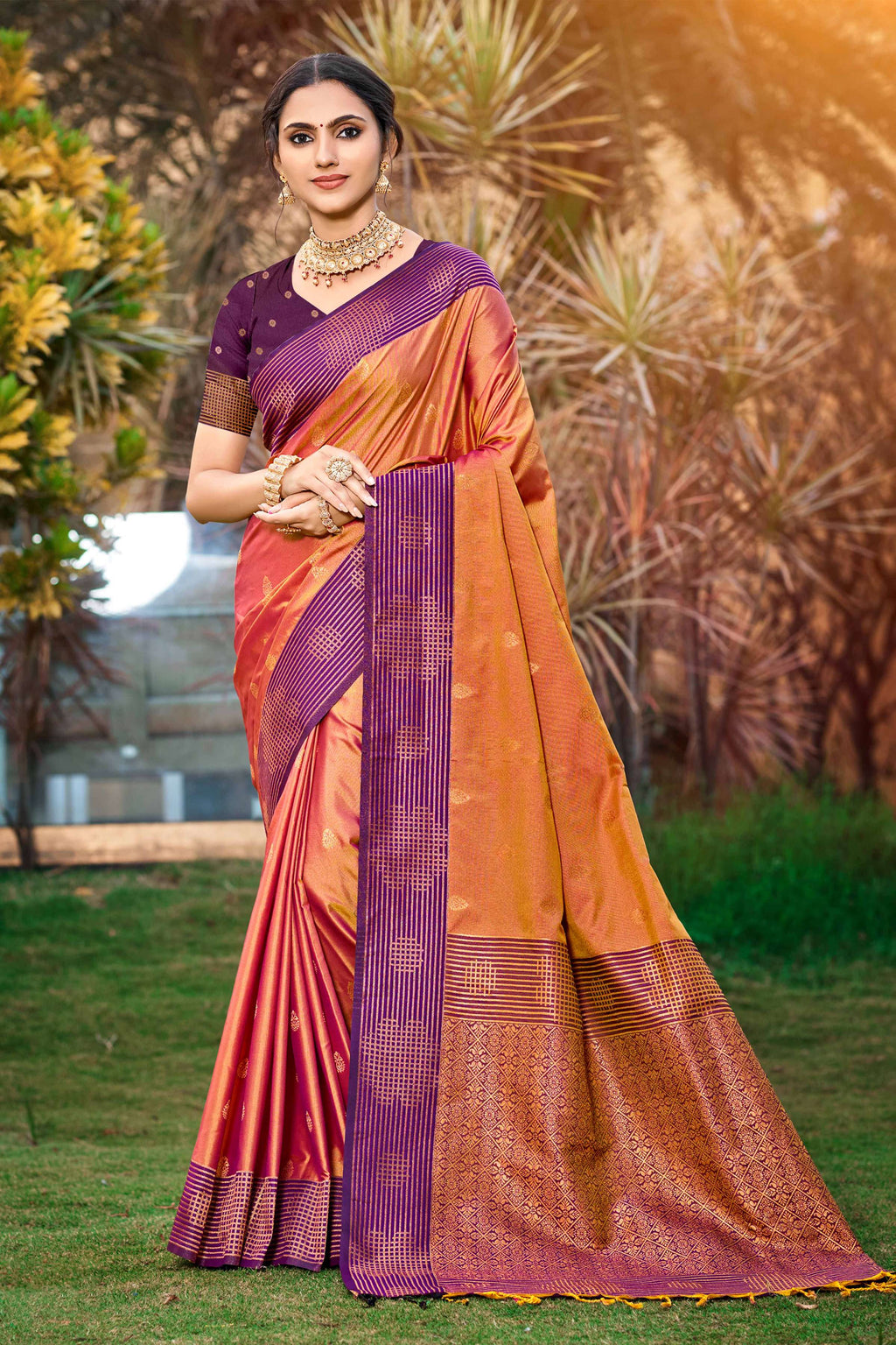 Sangam Prints Peach Orange Soft Silk Woven Work Traditional Saree | Grocsy
