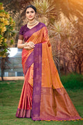 Sangam Prints Peach Orange Soft Silk Woven Work Traditional Saree | Grocsy