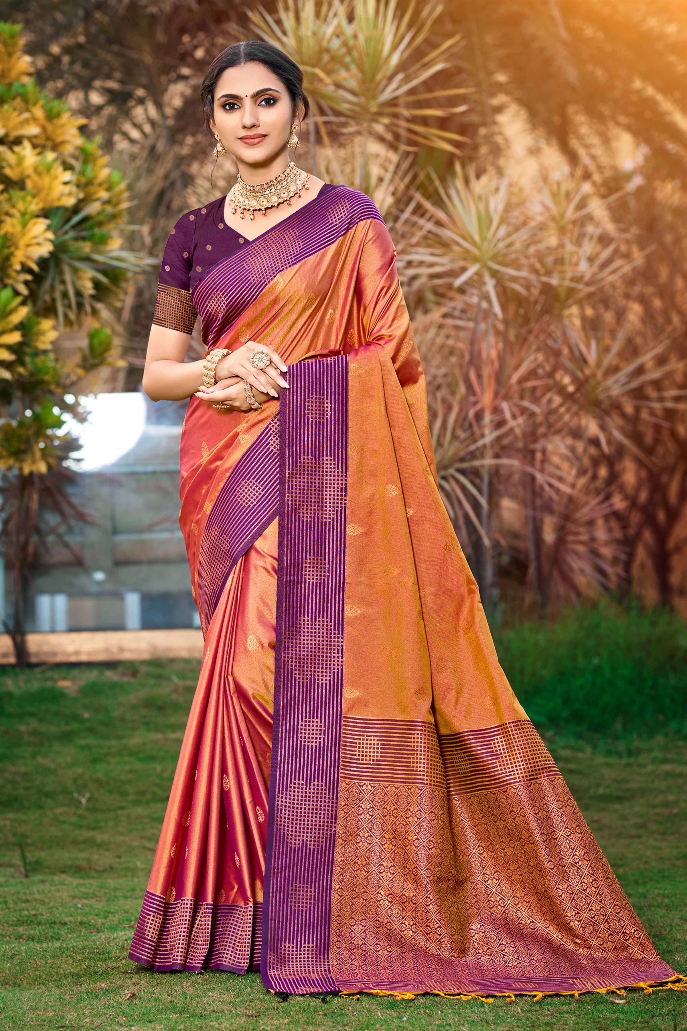 Sangam Prints Peach Orange Soft Silk Woven Work Traditional Saree | Grocsy