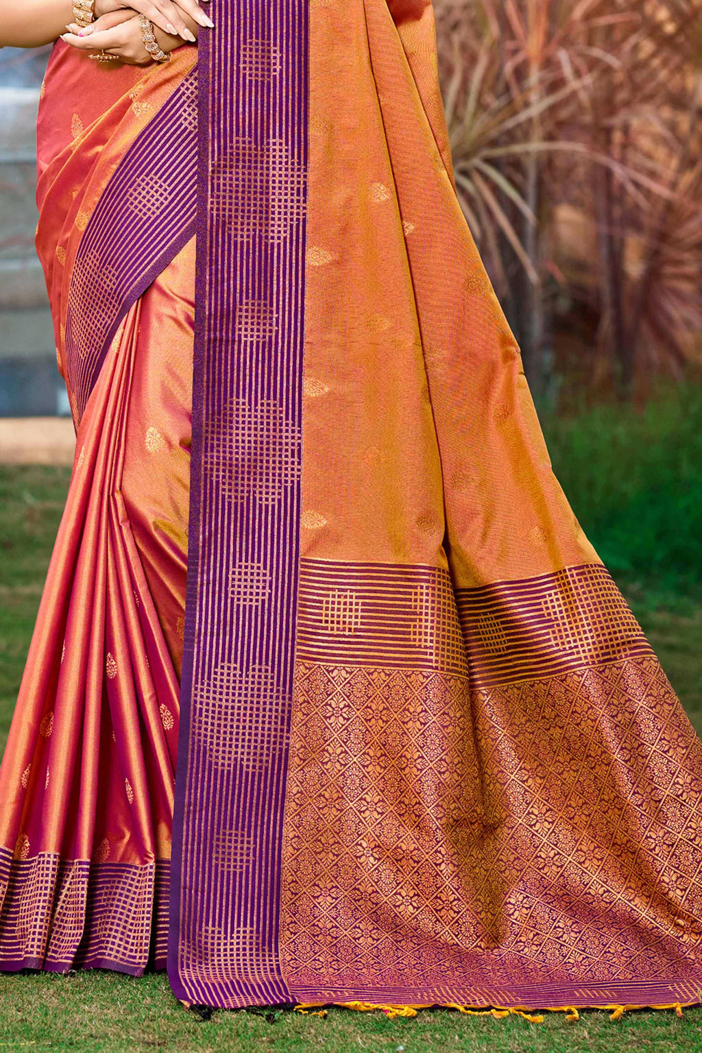 Sangam Prints Peach Orange Soft Silk Woven Work Traditional Saree | Grocsy