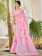 Sangam Prints Light Pink Linen Woven Work Traditional Saree | Grocsy