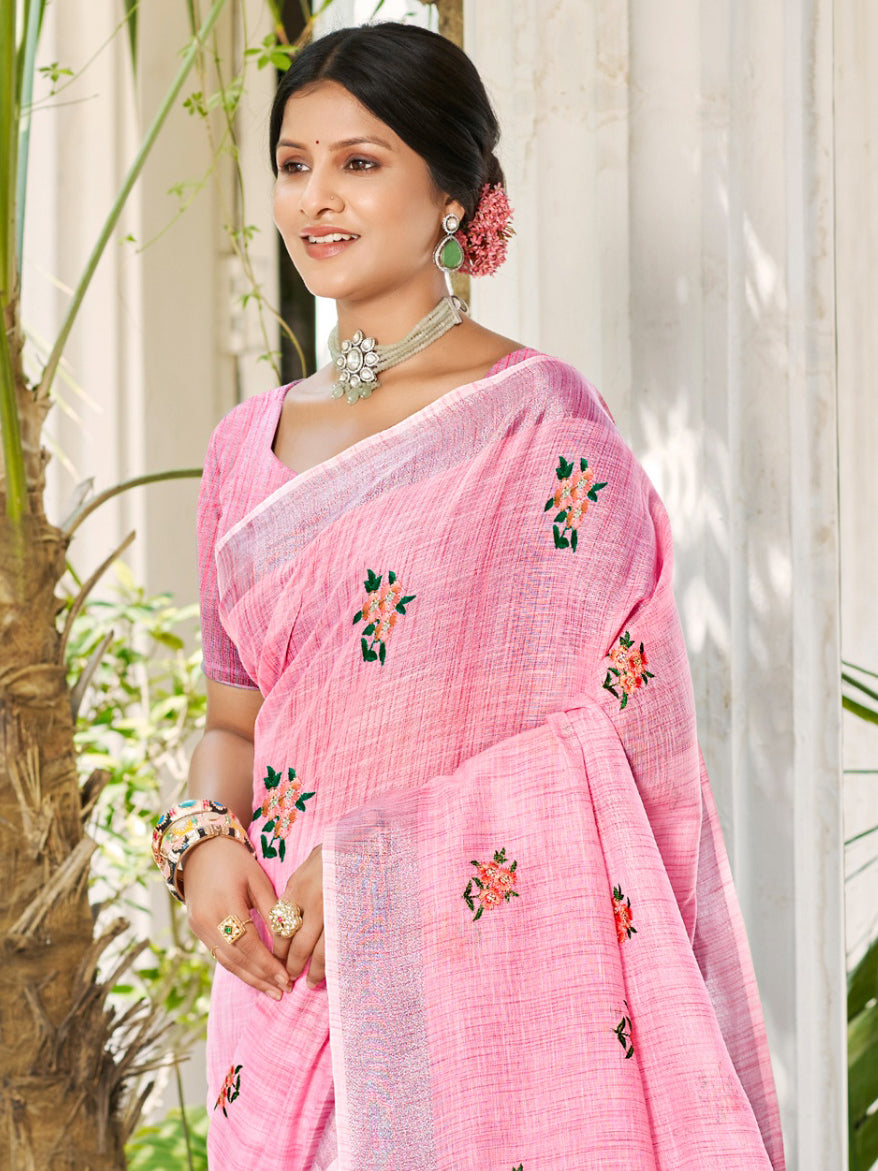 Sangam Prints Light Pink Linen Woven Work Traditional Saree | Grocsy