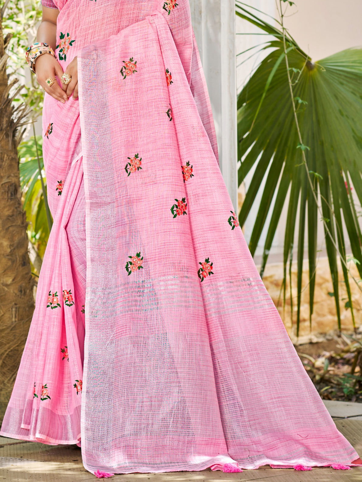 Sangam Prints Light Pink Linen Woven Work Traditional Saree | Grocsy