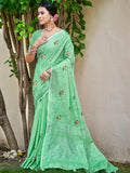 Sangam Prints Light Green Linen Woven Work Traditional Saree | Grocsy