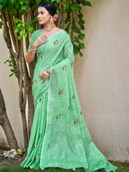 Sangam Prints Light Green Linen Woven Work Traditional Saree | Grocsy