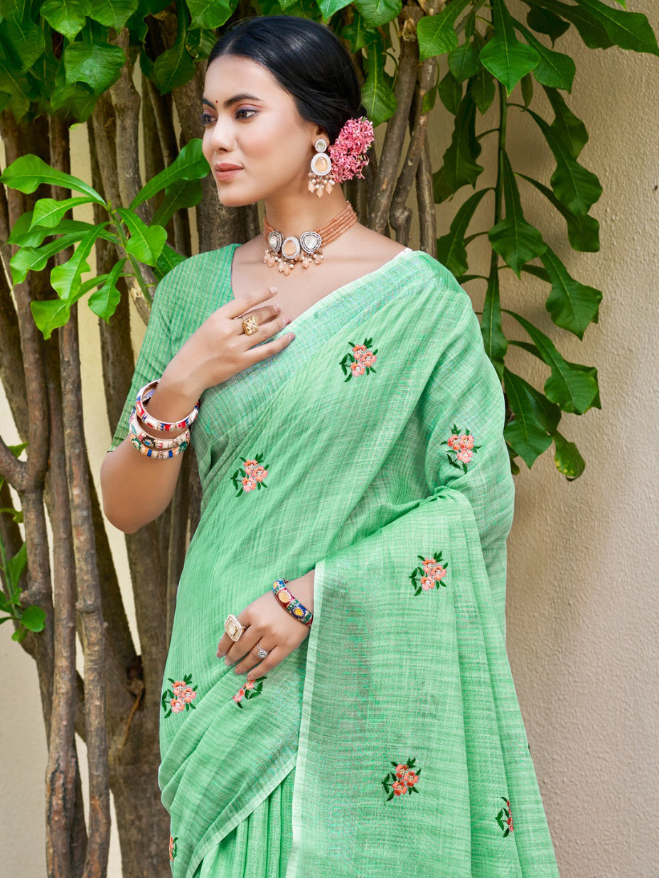 Sangam Prints Light Green Linen Woven Work Traditional Saree | Grocsy