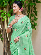 Sangam Prints Light Green Linen Woven Work Traditional Saree | Grocsy
