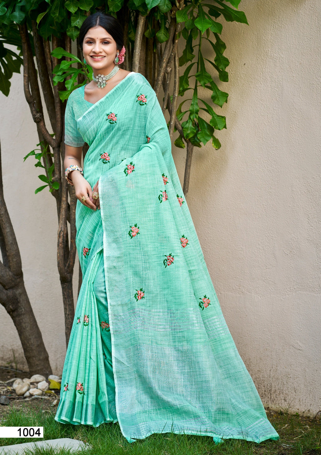 Sangam Prints Sea Green Linen Woven Work Traditional Saree | Grocsy