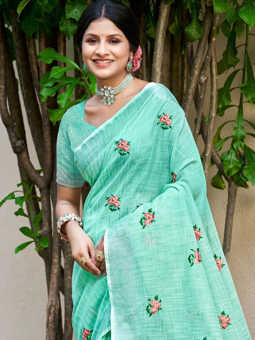 Sangam Prints Sea Green Linen Woven Work Traditional Saree | Grocsy