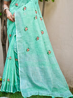Sangam Prints Sea Green Linen Woven Work Traditional Saree | Grocsy